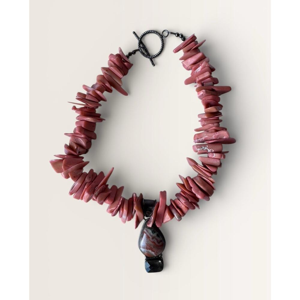 Sterling Silver Pink Coral Chip Necklace Agate Pendant Smoky Quartz Toggle